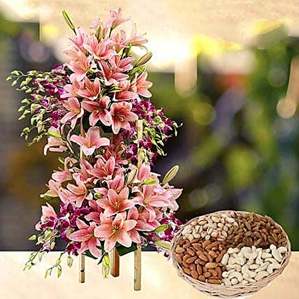 Exotic Flowers Arrangement and Dry Fruits Combo: Birthday Flowers & Dry Fruits