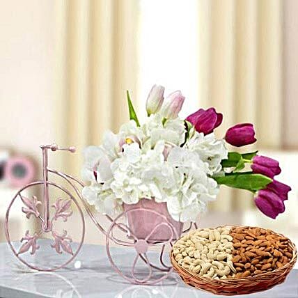 Floral Cycle Arrangement and Dry Fruits Combo: Birthday Flowers & Dry Fruits