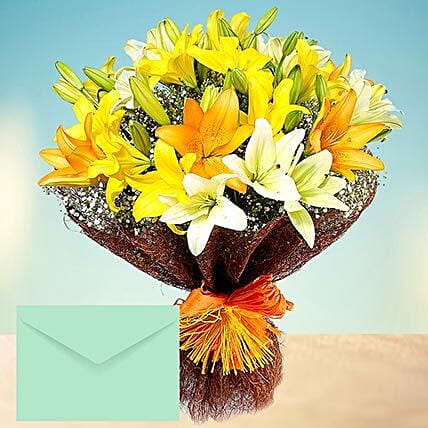 Mixed Lilies Bouquet With Greeting Card: Flowers & Greeting Cards