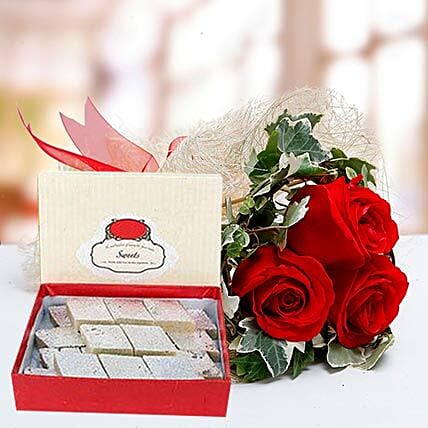 Red Roses Bouquet and Kaju Katli Combo: Dubai Sweets