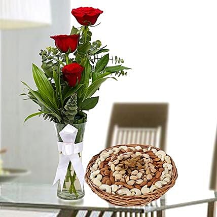 Red Roses Vase Arrangement and Dry Fruits Combo: Karwa Chauth Gift to Wife