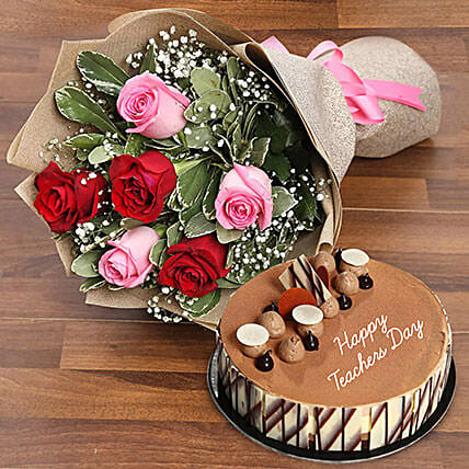Teachers Day Flower and Cake Combo: Teachers Day Gifts