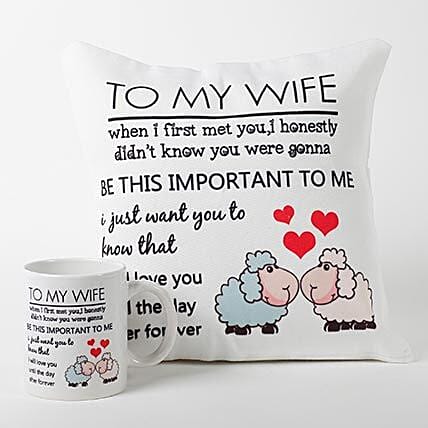 To My Wife Printed Cushion and Mug Combo: Karwa Chauth Gifts