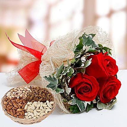 Velvety Rose Bouquet and Dry Fruits Combo: Birthday Flowers & Dry Fruits