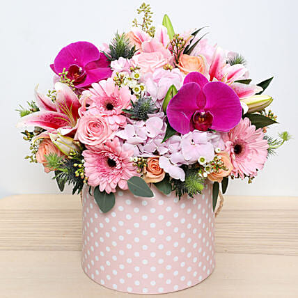 Pink and Peach Mixed Flowers Arrangement: Flower in a Box