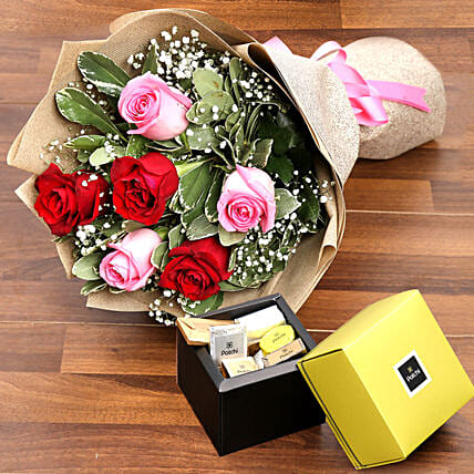 Mixed Roses Bouquet and Patchi Chocolate Combo: Chocolates 