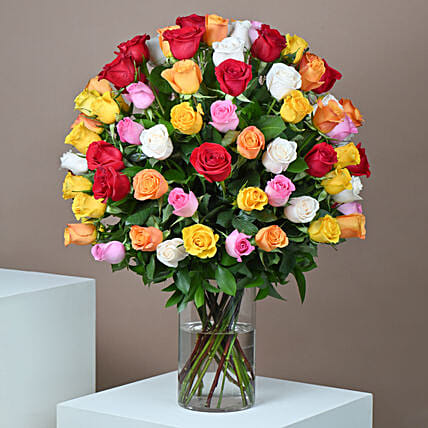 Bunch of 100 Mixed Roses In Glass Vase: Get Well Soon Flowers