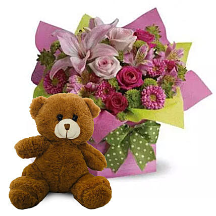 Mixed Flower Arrangement and Teddy Combo: Flowers & Teddy Bears 