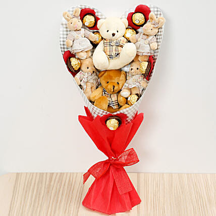 Chocolates and Teddy Bear Heart Shaped Bouquet: Gifts Combos 