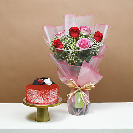 Pink and Red Roses with Red Velvet Cake: Cake and Flowers 