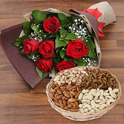 6 Red Roses Bouquet With Dry Fruits: Birthday Flowers & Dry Fruits