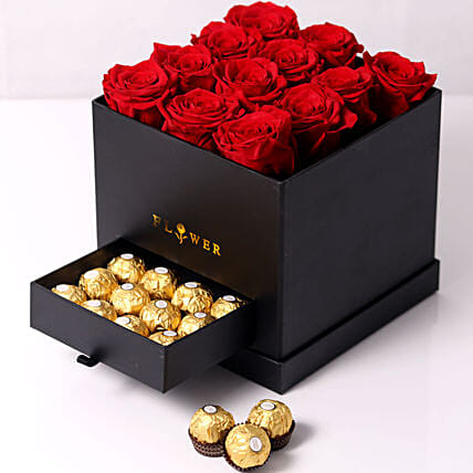 Forever Red Roses With Rochers In Box: Valentine Rose