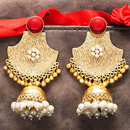 Gold Plated Red Stones Dome Jhumkas: Artificial Jewellery