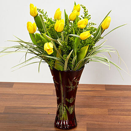 Bright Yellow Tulips In Maroon Vase: Gift Ideas For Husband