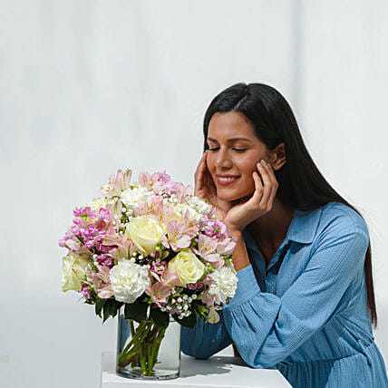 Pink and White Floral Bunch In Glass Vase: Get Well Soon Flowers