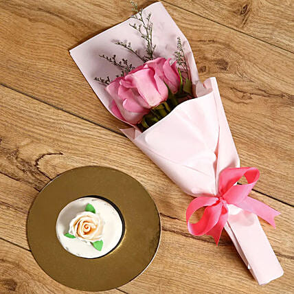 Pink Roses Bouquet & Mono Cake Combo: Mother's Day Bouquet