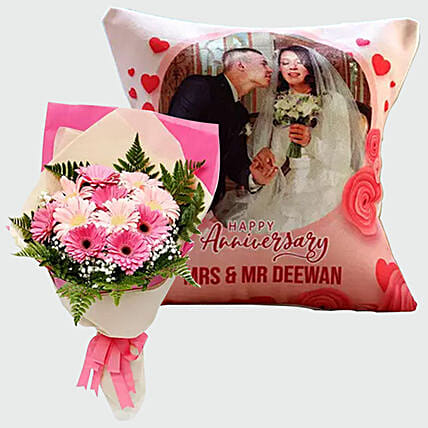 Gerberas Bouquet and Personalised Cushion: Flowers N Personalised Gifts 