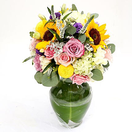 Vivid Roses and Sunflower Mixed Flower Vase: Sunflowers Bouquets 