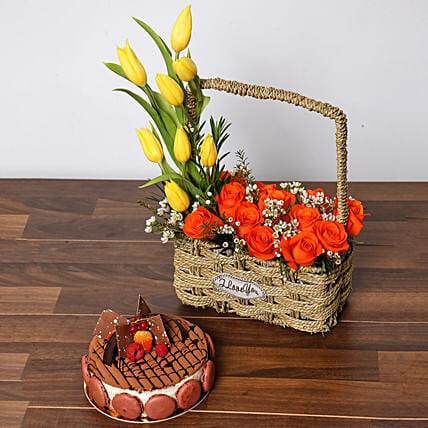 Orange Roses and Yellow Tulips Basket With Cake: Cake and Flower Delivery in Dubai