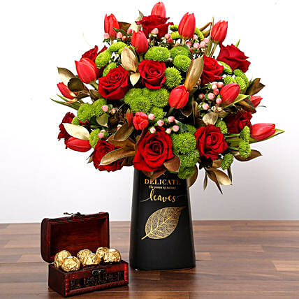 Red Tulips and Roses In Vase With Chocolates: Anniversary Flowers and Chocolates