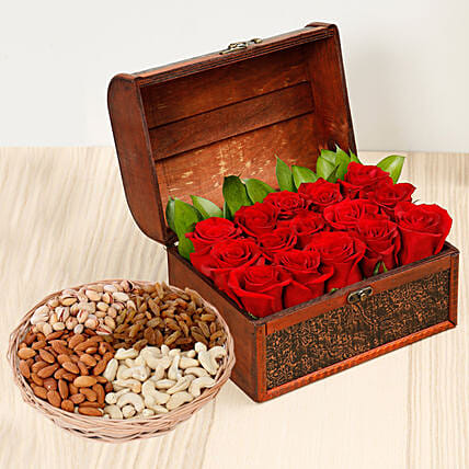 Rose Box Arrangement and Dry Fruits Combo: Karwa Chauth Gifts