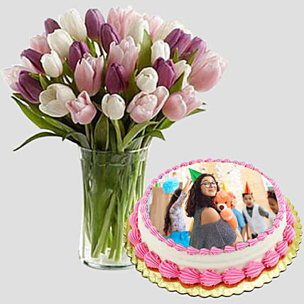Tulips & Vanilla Cake Combo: Mothers Day Gifts to Ajman