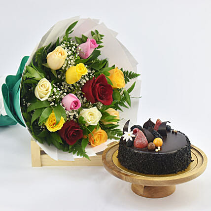 Dozen Multi Roses with Fudge Cake: Cake and Flowers 
