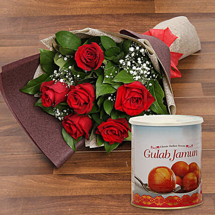 Red Roses Bouquet and Gulab Jamun Combo: Dubai Sweets