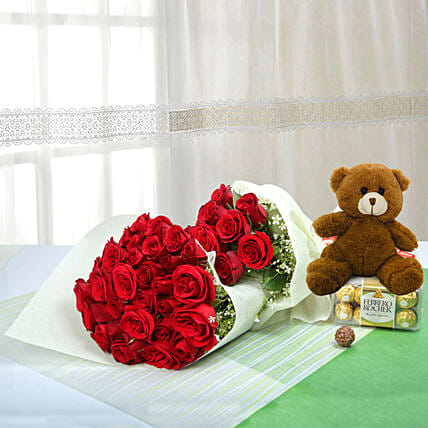 Passionate Gift Of Love: Rose Day Flowers & Teddy Bears