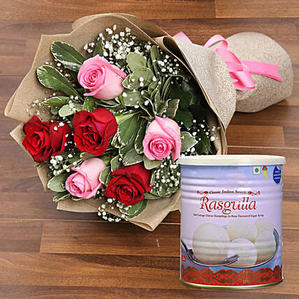 Splendid Roses Bouquet and Rasgulla Combo:  Sweets Delivery