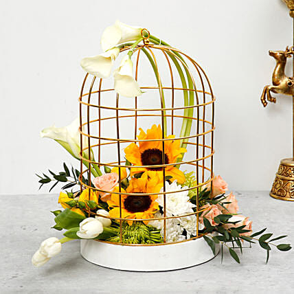 Mix Flowers Cage Arrangement: Sunflowers Bouquets 
