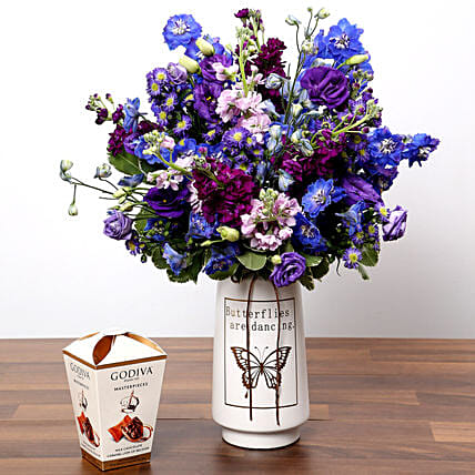 Purple and Blue Flower Arrangement With Truffles: 