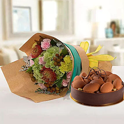 Delightful Flower Bouquet With Tiramisu Cake: Anniversary Flowers & Cakes