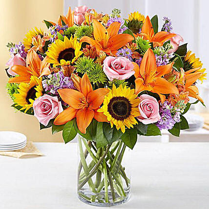 Vibrant Bunch of Flowers In Glass Vase:  Sunflower Bouquets
