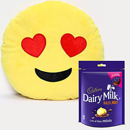 Love Emoji Cushion with Dairy Milk Hazelnut Minis: Cadbury Chocolates