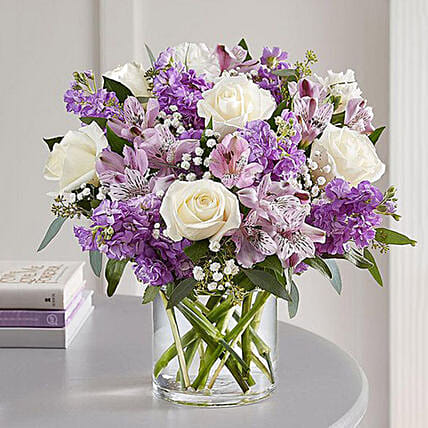 Purple and White Floral Bunch In Glass Vase: Luxury Flowers Dubai