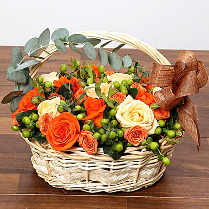 Peach and Orange Rose Basket: Basket Arrangements