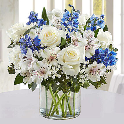 Blue and White Floral Bunch In Glass Vase: Get Well Soon Flowers