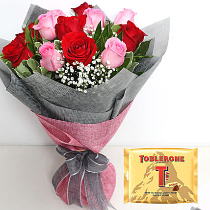 Pink and Red Roses Bouquet with Toblerone Mini: Cadbury Chocolates