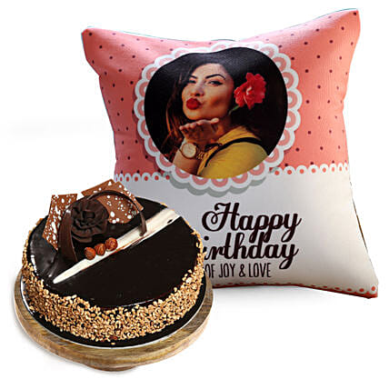 Joyful Birthday Cushion and Rose Noir Cake: Personalised Gifts to Abu Dhabi