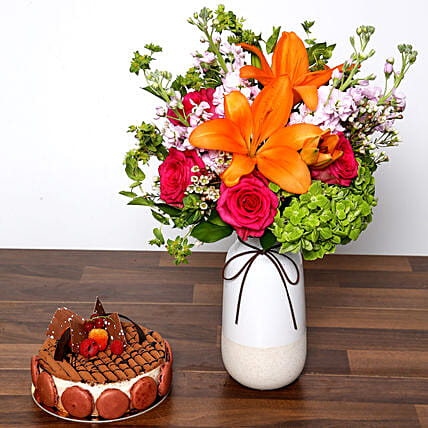 Vivid Mixed Flower Vase and Cake: Cake and Flowers 