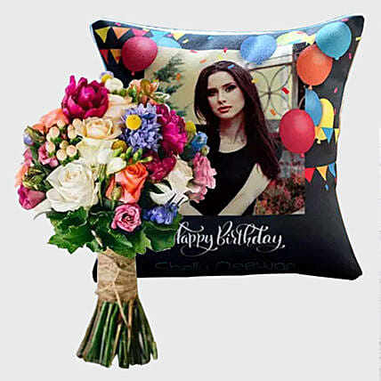 Flowers Bunch and Personalised Birthday Cushion: 