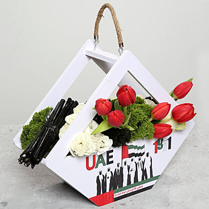 Red Tulips in Special UAE Day Wooden Base: UAE National Day Gifts