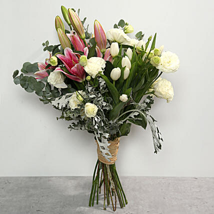 Tulips and Lilies Bouquet: Thanksgiving Day Flowers 