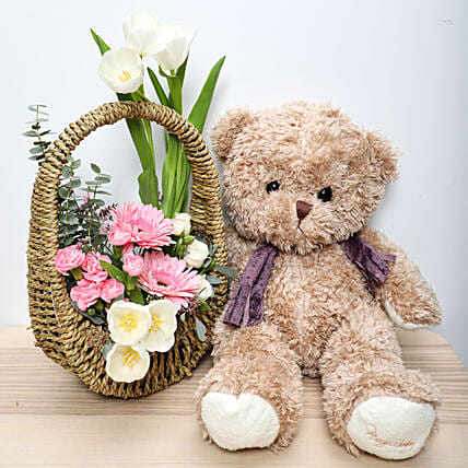 Coffee Brown Teddy N Flower Basket: 