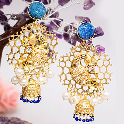Gold Toned Peacock Shaped Jhumkas: Jewellery 