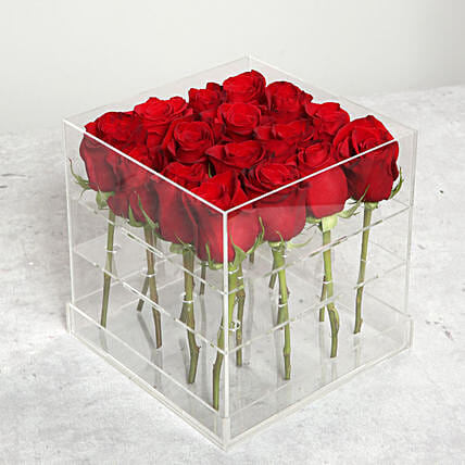Red Rose Arrangement in Acrylic Base: Flower in a Box