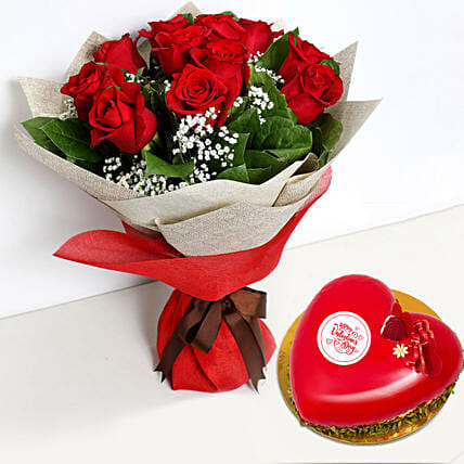 12 Red Roses Bouquet with Heartshape Cake: Valentines Gifts For Men