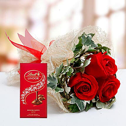 Red Roses Bouquet and Lindt Chocolate Combo: Anniversary Flowers and Chocolates