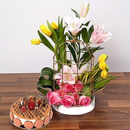Sentimental Blooms Combo: New Year Flowers & Cakes